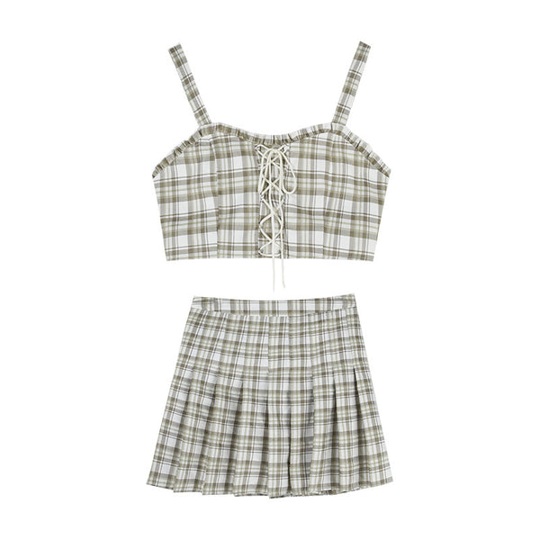 Conjunto Falda Plisada Cuadros Retro con Corpiño y Blusa Protección Solar Estilo Universitario