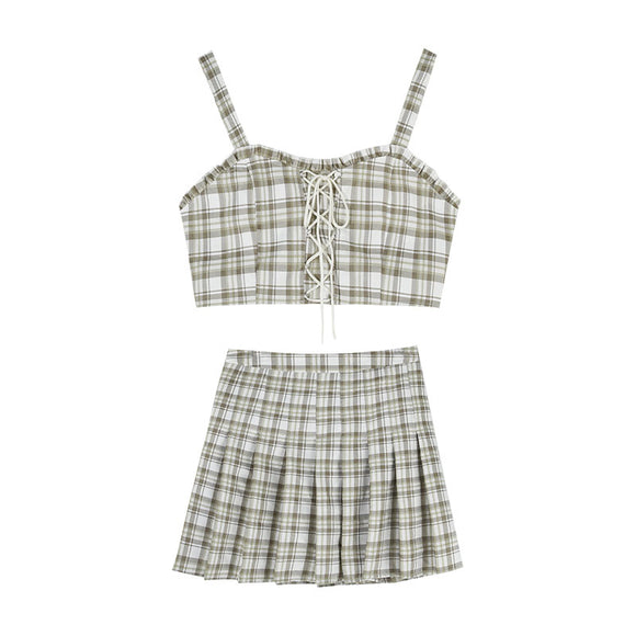 Conjunto Falda Plisada Cuadros Retro con Corpiño y Blusa Protección Solar Estilo Universitario