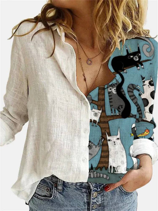 Camisa Suelta con Estampado de Gatos de Manga Larga - Image 2