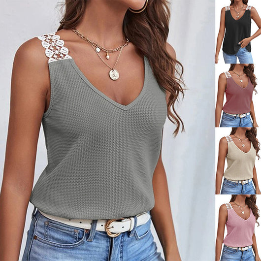 Chaleco de Algodón Gofrado con Cuello en V y Detalles de Encaje - Top Sleeveless de Verano