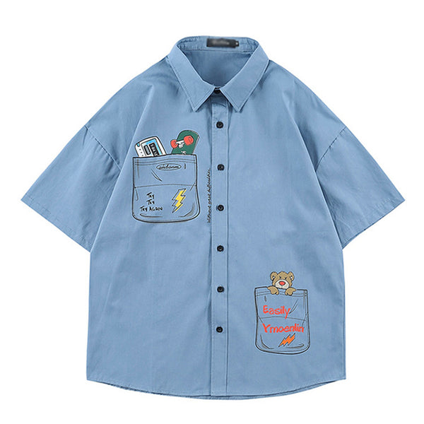 Camisa Casual Hombre Suelta con Costuras Estampadas en Color