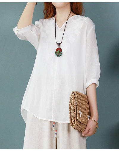 Blusa Larga Atrás Corta Adelante de Algodón y Lino con Bordado para Mujer - Image 24