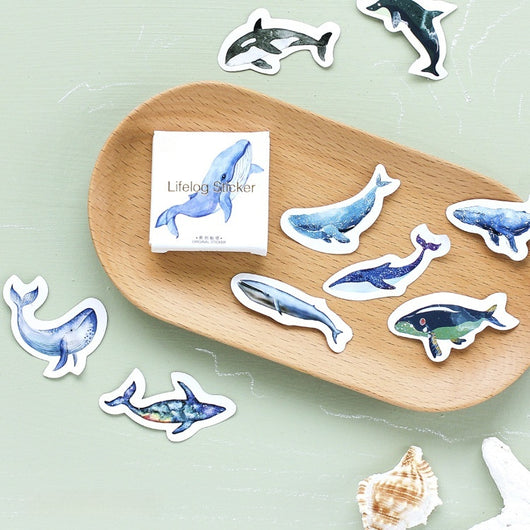 Box of 'Lifelog sticker' whale stickers with various blue whale designs scattered on a light blue plate. - Image 4