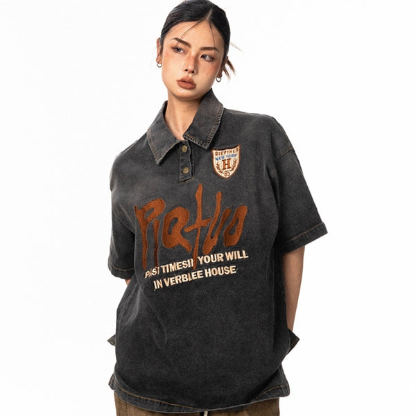 Camisa Denim Bordada Manga Corta Retro Oversize Neutral