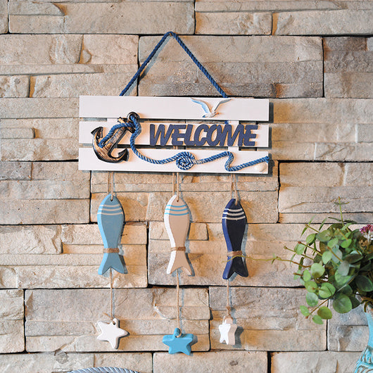 Placa de Bienvenida Mediterránea con Ancla Marina y Timón - Decoración Náutica de Madera - Image 12