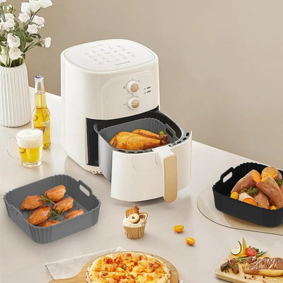 2 Pack Silicone Air Fryer Liners, Square Reusable Non-Stick Basket Inserts for 4-5 QT Air Fryers, Dishwasher Safe Parchment Paper Replacement Accessories Gray & Black - Tekeno