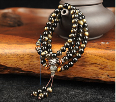 Pulsera de Obsidiana Dorada con 108 Cuentas Buda y Plata Tibetana - Image 10
