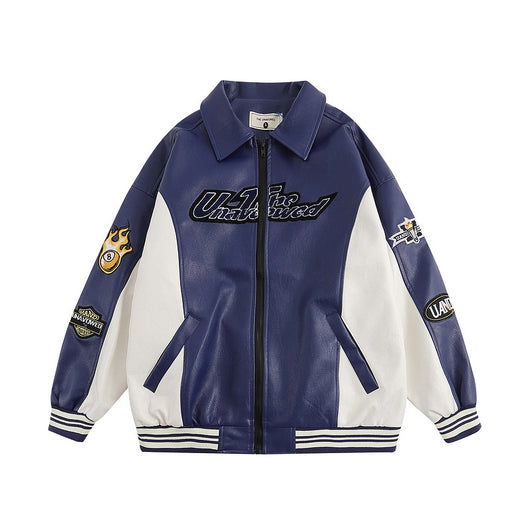 Chaqueta Universitaria Retro PU Bordada Suelta para Hombre - Image 10