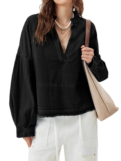 Blusa Denim Holgada de Cuello V y Manga Larga Versátil - Image 21