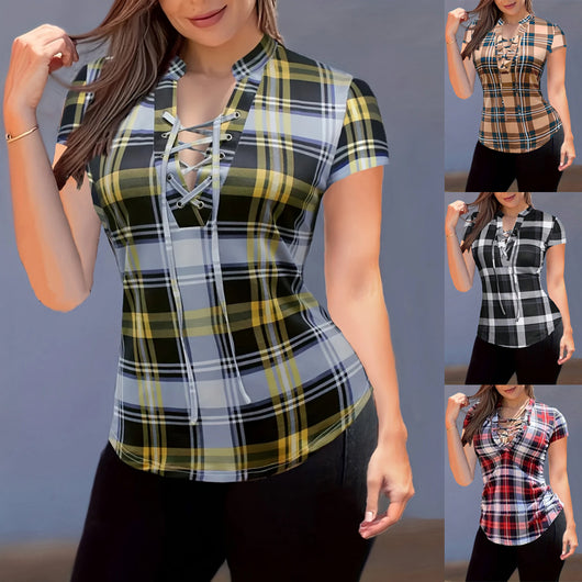 Blusa Cuadriculada con Cuello Camisero y Amarre en el Pecho