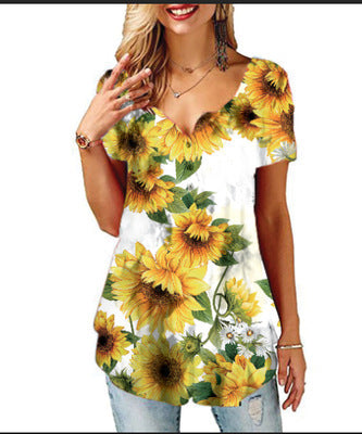 Camiseta Cuello V Estampada para Mujer - Manga Corta Europeo Americano - Image 8