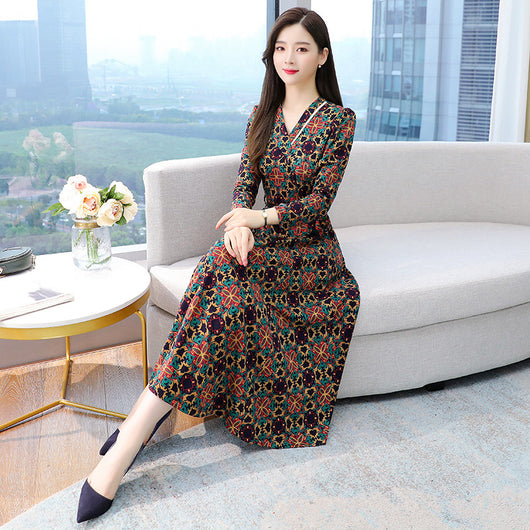 Vestido Elegante Estampado Cuello V Manga Larga Otoño Invierno - Image 3