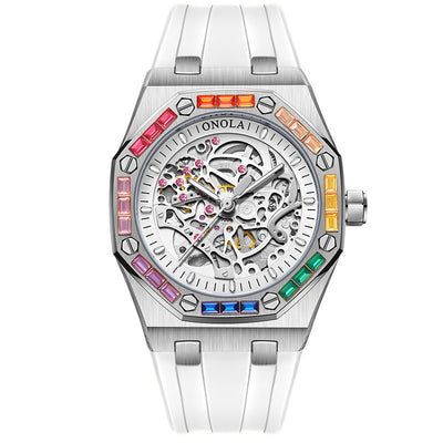 Reloj Automático para Hombre con Banda de Silicona Arcoíris y Diamantes - Image 9
