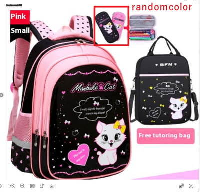 Kids black and pink backpack with a cute white cat print, paired with a matching lunch bag. - Image 18