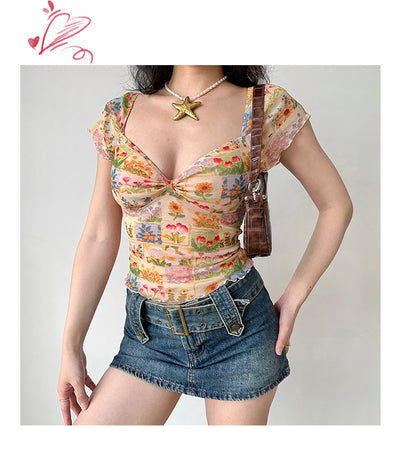 Blusa Estampada con Flores al Óleo, Cuello en V y Manga Corta de Malla para Mujer - Image 4