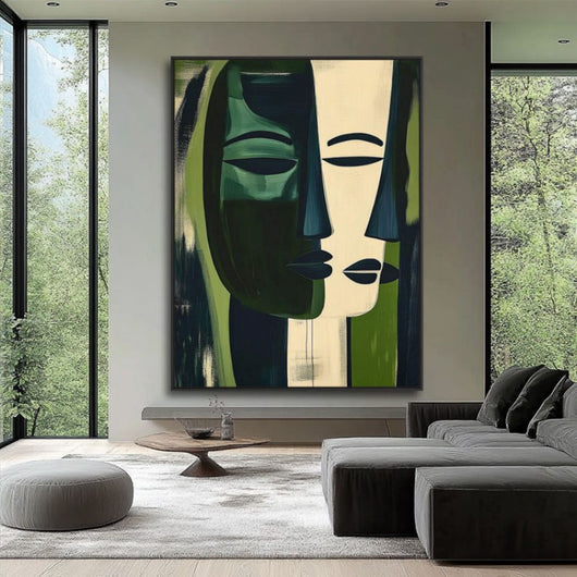 Cuadro Abstracto Pintura al Óleo Rostro Verde Moderno para Sala de Estar - Image 3