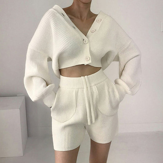 Conjunto Casual Cardigan Escote V con Short Cintura Alta - Image 5