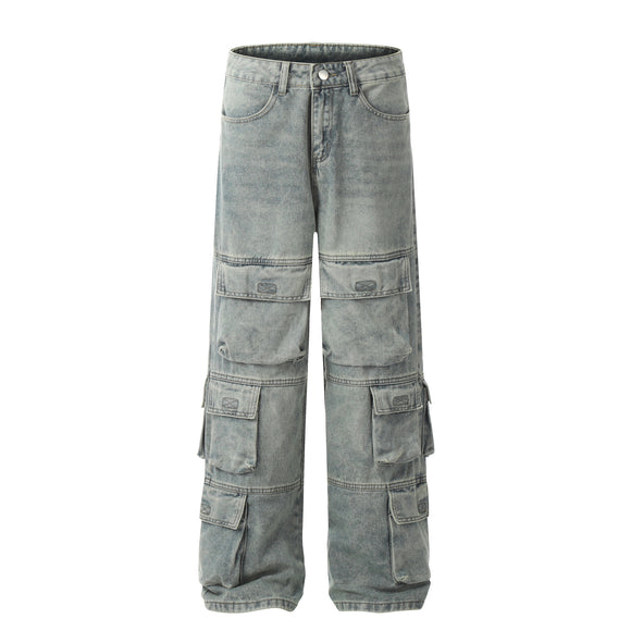 Jeans Casuales Hombre con Múltiples Bolsillos - Estilo Street Lavado Pesado
