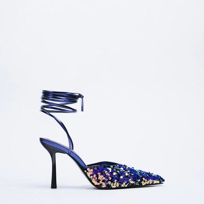 Mulas Tacón Alto con Lentejuelas Negras y Azules - Image 11