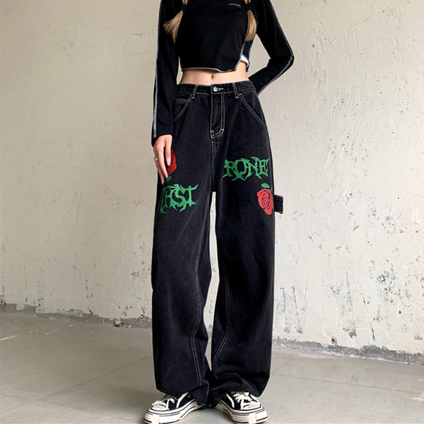 Jeans Rectos Vintage Rose Letters con Lavado Street Wash