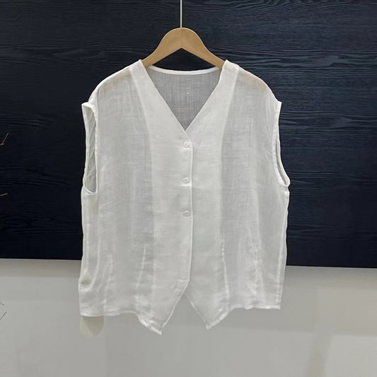 Chaleco Suelto Escote V sin Mangas Botón Único Colores Lisos