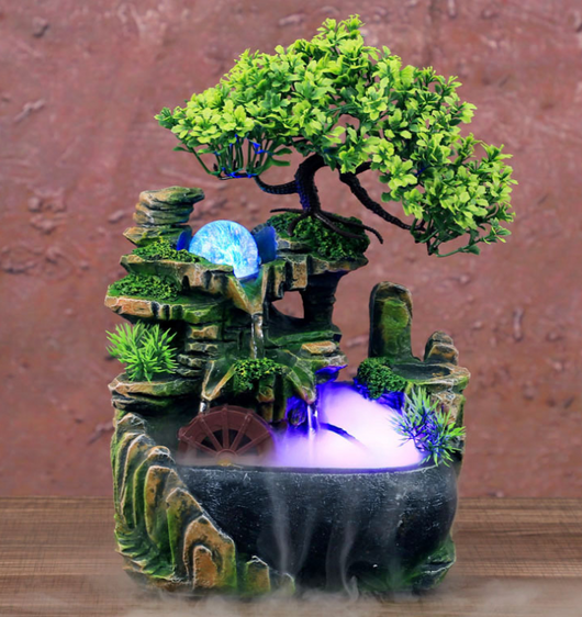 Resin desktop fountain with simulation rockery, a green bonsai tree, glowing orb, and water wheel. Measures 30cm tall. - Image 11