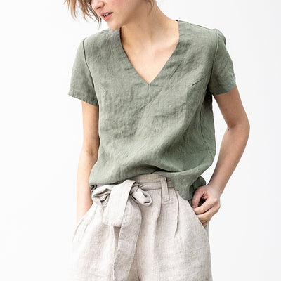 Camiseta de Lino Puro Cuello V Mujer - Diseño Minimalista - Image 3