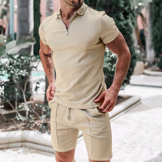 Conjunto Casual de Dos Piezas en Waffle para Hombre - Playera y Shorts con Cremallera - Image 21