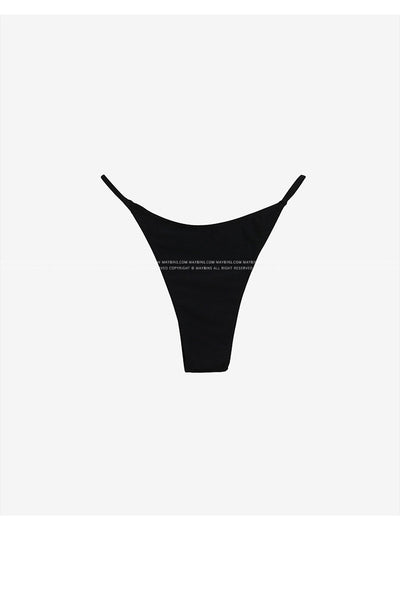 Black pure color bikini with a strapless tie-front bandeau top and matching T-back thong bottoms. - Image 26