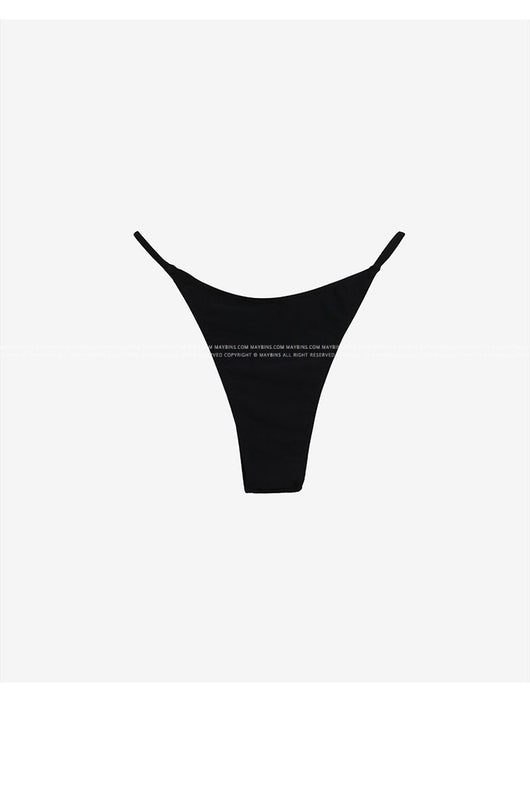 Black pure color bikini with a strapless tie-front bandeau top and matching T-back thong bottoms. - Image 26