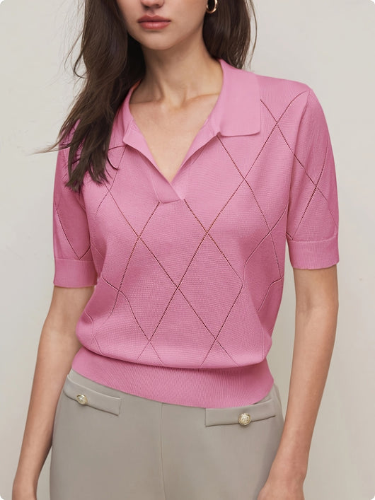 Suéter Cuello Alto Punto Diamante Manga Corta para Mujer - Image 15