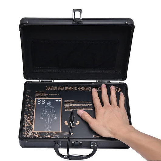 Black 6G Quantum Analyzer Palm Touch Health Detector in a briefcase-style case, with a hand on the sensor.