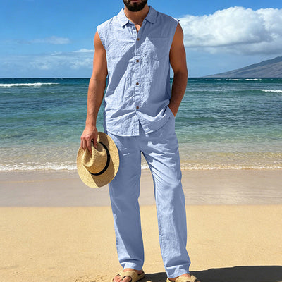Conjunto de Lino Holgado para Hombre: Camisa sin Mangas y Pantalón Recto