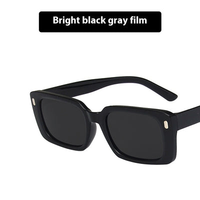 Women's retro hip hop fashion sunglasses with bright black frames, dark gray rectangular lenses, and gold accents. - Image 4