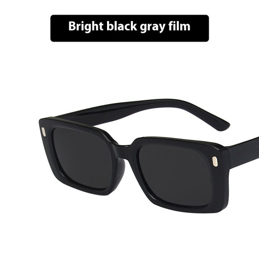 Women's retro hip hop fashion sunglasses with bright black frames, dark gray rectangular lenses, and gold accents. - Image 4