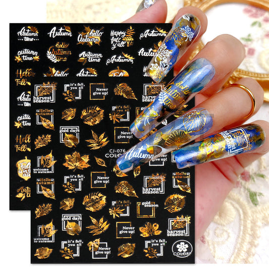 Stickers de Uñas 3D Adhesivos Hoja de Arce Dorada Láser con Letras