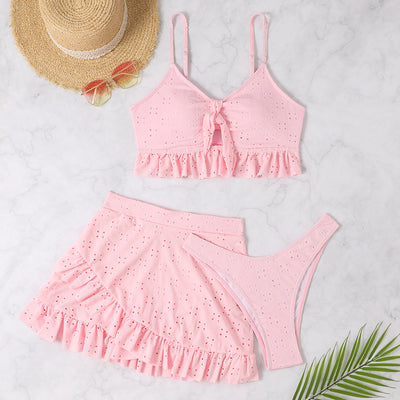 Light blue eyelet two-piece swimsuit set with a tie-front crop top and a matching ruffle-trim hip-hugging skirt. - Image 32
