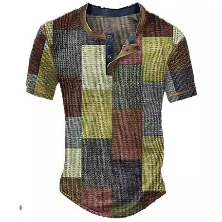 Camisa Henley Estampada de Cuadros Color Block para Hombre - Image 4