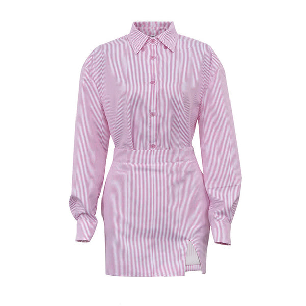 Traje Ejecutivo Mujer: Blusa Rayada con Cuello Solapa y Falda Entallada - Image 6