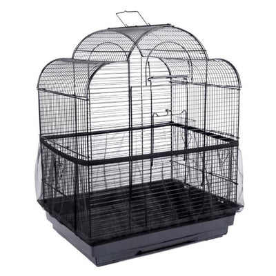 White mesh bird cage cover on a black wire bird cage with a black base, designed to catch seeds and dust. - Image 9