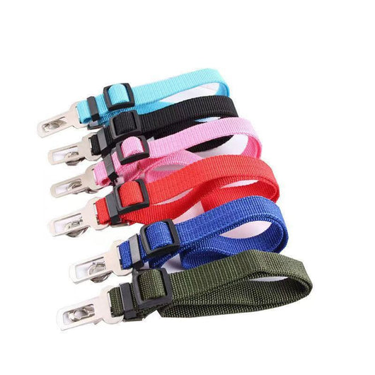 Pink adjustable dog car seat belt with a metal seatbelt buckle and a silver swivel snap hook. - Image 3