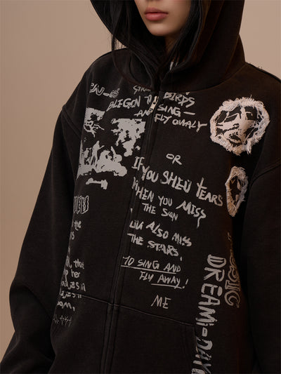 Sudadera Mujer con Capucha y Cierre - Estampado de Letras Negro - Image 26