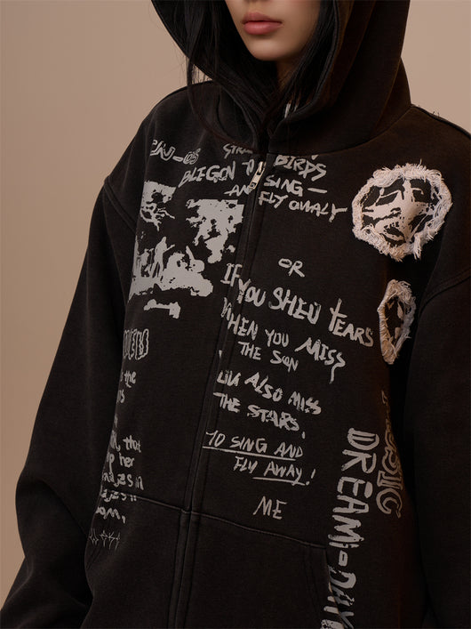 Sudadera Mujer con Capucha y Cierre - Estampado de Letras Negro - Image 26