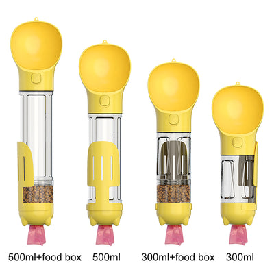 Four teal pet multi-functional water bottles, two with food boxes, in 300ml and 500ml sizes. - Image 22