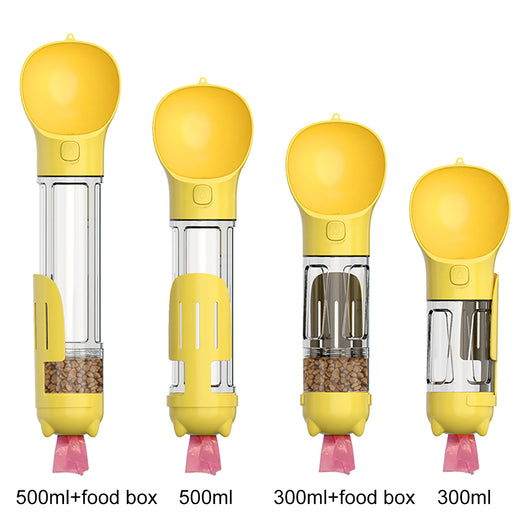 Four teal pet multi-functional water bottles, two with food boxes, in 300ml and 500ml sizes. - Image 22