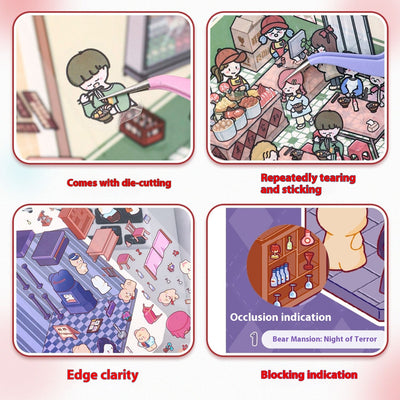 Diy Notebook Decompression Stacking Miniature Sticker set featuring a cute cartoon hot pot shop scene with animal characters. - Image 4