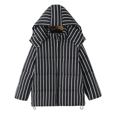 Abrigo de Algodón Negro con Rayas y Capucha para Mujer - Image 23