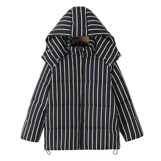 Abrigo de Algodón Negro con Rayas y Capucha para Mujer - Image 23