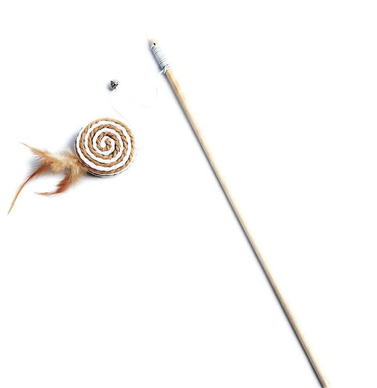Cat teaser toy with a long wooden pole, a striped ball, brown feathers, and a small bell. - Image 21