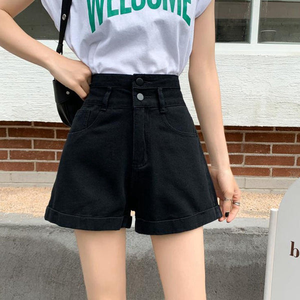 Shorts de Mezclilla de Cintura Alta con Botones, Corte Ancho y Detalle Ondulado
